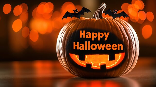 A glowing Halloween pumpkin with "Happy Halloween" carved into it, decorated with bats against a backdrop of warm, twinkling lights.