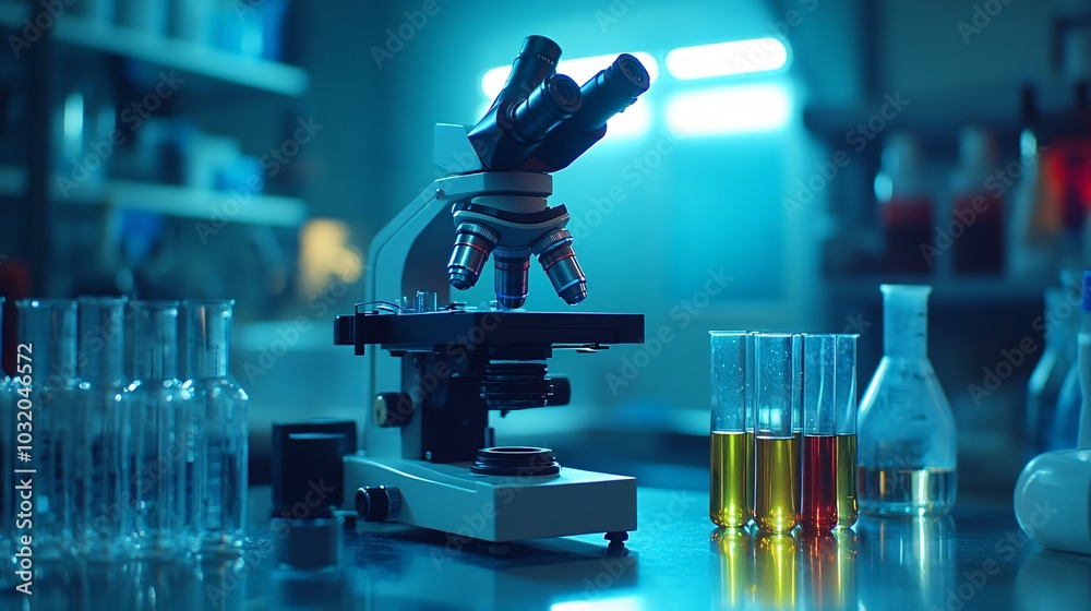 Aufkleber modern scientific equipment including microscopes test tubes and digital analysis tools on a sterile
