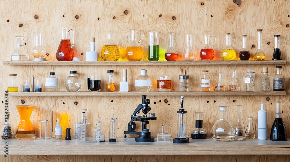 Aufkleber modern scientific equipment including microscopes test tubes and digital analysis tools on a sterile