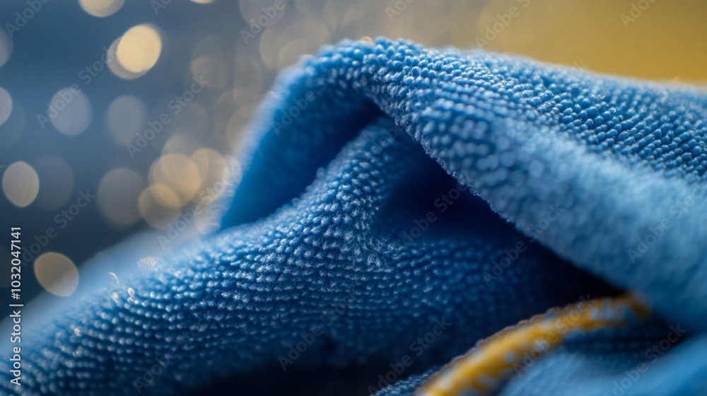 Aufkleber A close-up view of soft blue fabric displaying intricate textures, set against a vibrant bokeh background with warm lighting that enhances the visual appeal and depth of the scene.