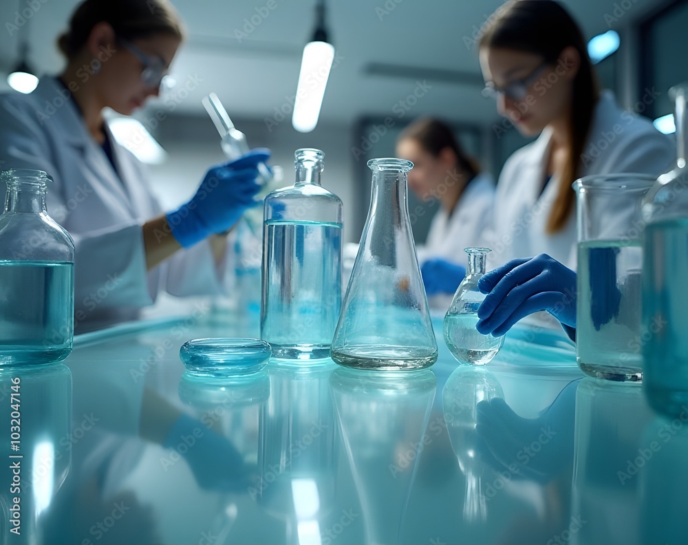 Wall mural office workers use science glass tools for various experiments every day.