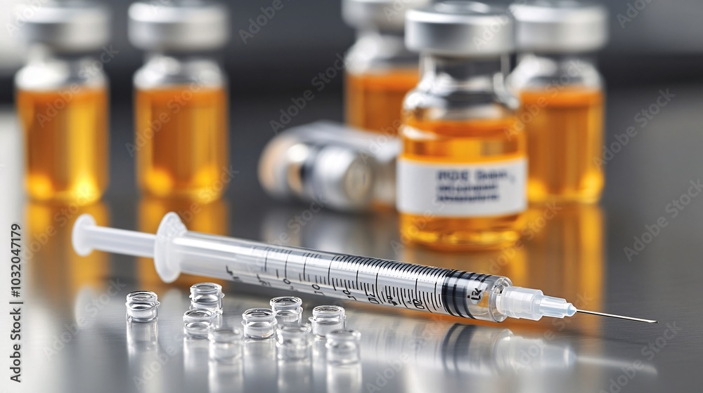 Poster chemical containers syringes and glass slides arranged on a polished lab bench for medical research 