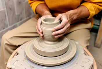 Potter shaping a clay pot on a wheel