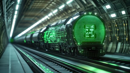 A futuristic cargo train using neon green holographic sensors to navigate through an AI-managed transportation system