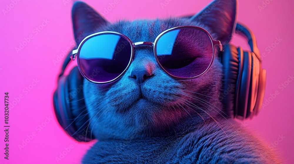 Aufkleber feline sporting a backwards cap and oversized headphones ready to drop some beats on a fun backgroun