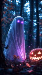 Ghost with glowing eyes and jack-o'-lantern in dark forest.