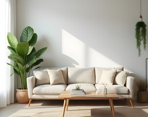 Scandinavian style features beige furniture with a white living room set against lush greenery from a houseplant.