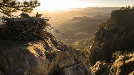 Eagles Nesting on Cliffside at Sunrise
