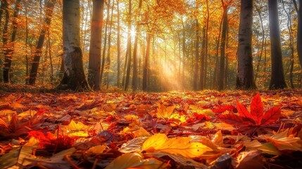 Fototapeta premium Autumn Leaves Scattered on Forest Floor