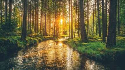 Winding River Through Lush Forest at Sunset