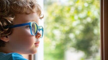 Young child wearing blue glasses focusing on distant tree outside window, symbolizing myopia prevention and importance of outdoor activities.