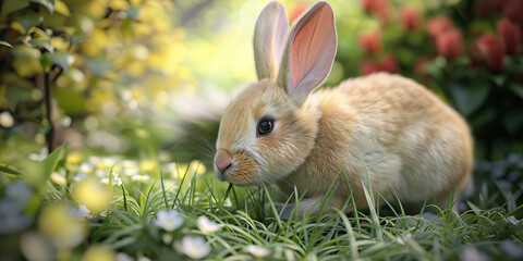 Fototapeta premium A gentle, soft-furred rabbit nibbling on grass in a serene garden setting, its pink nose twitching.