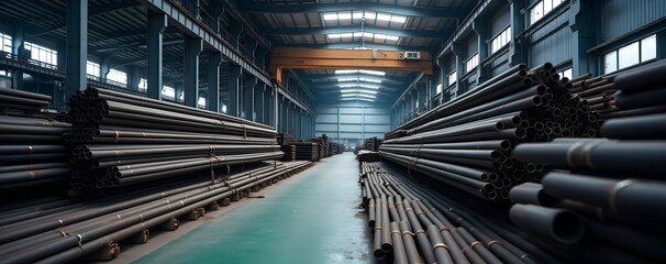 Steel pipes are stored in industrial warehouses for future use purposes.