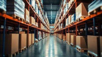 Fototapeta premium Empty warehouse shelves after a major shipment, depicting supply chain impact