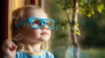 Young child wearing blue glasses focusing on distant tree outside window, symbolizing myopia prevention and importance of outdoor activities.