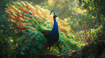 Obraz premium Vibrant Peacock Showcasing Stunning Feathers Outdoors