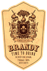 Hand-drawn banner or label for Brandy with coat of arms on an old paper background. Vector heraldic coat of arms in vintage style with lions, spears, knights helmet and fleur de lis on a shield © paseven