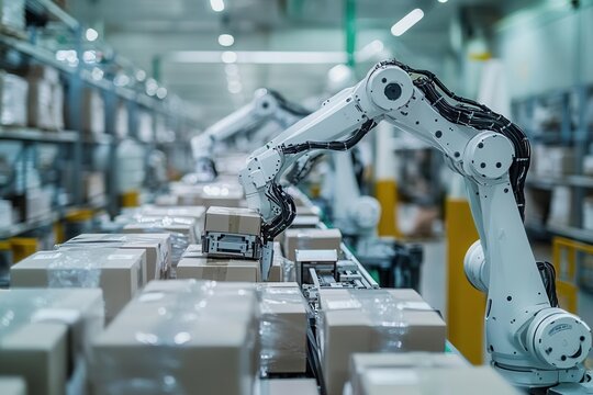 Robotic arms sorting packages in a futuristic warehouse, automation in logistics