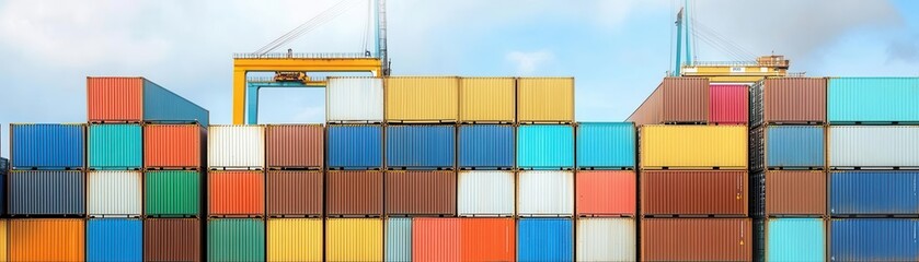 Fototapeta premium Stack of cargo containers being moved by cranes at a global logistics hub