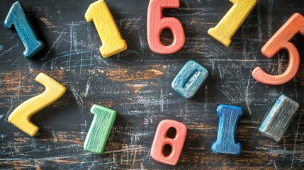 Colorful wooden numbers scattered on a dark wood surface.