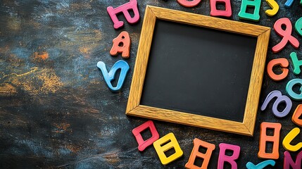 A small chalkboard in a wooden frame is surrounded by colorful letters on a dark wood background.