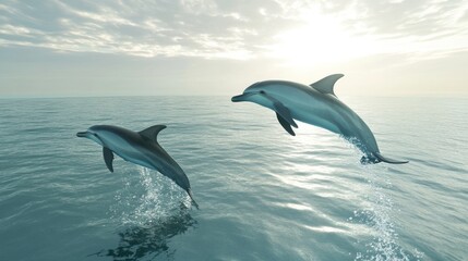 Fototapeta premium Two Dolphins Leaping in the Ocean