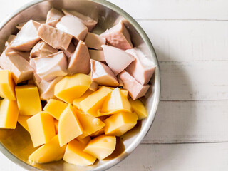 Yellow and purple of Burmese tofu, Street food concept. Delicious and crispy. High protein. Vegan food.