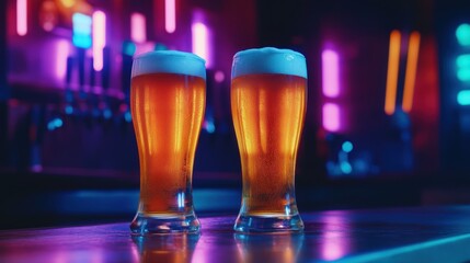Two Glasses of Beer at a Bar with Neon Lights