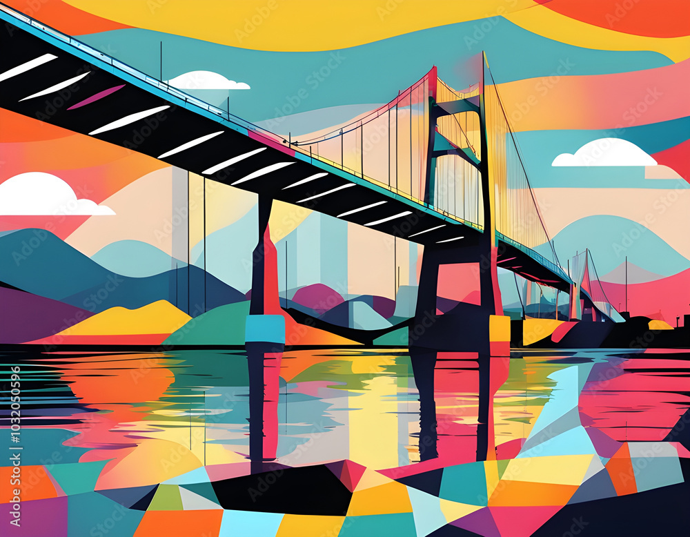 Wall mural colorful bridge with cool isolated pop art style background