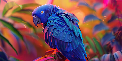 Obraz premium An exotic blue parrot perched on a colorful perch, its vivid feathers shimmering in the light.