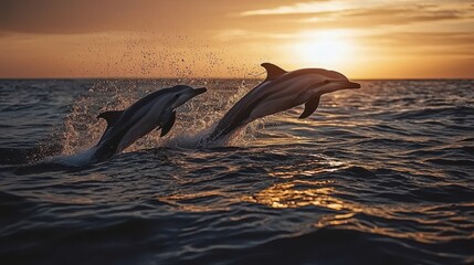 Fototapeta premium Dolphins Leaping Out of Water at Sunset