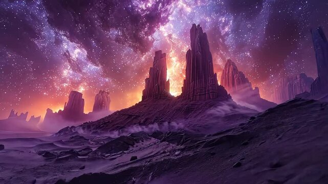 Surreal alien landscape with glowing sky and rocky formations.