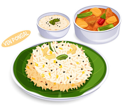 Ven Pongal on Banana Leaf with Sambar and Coconut Chutney - South Indian Tamil Food Art