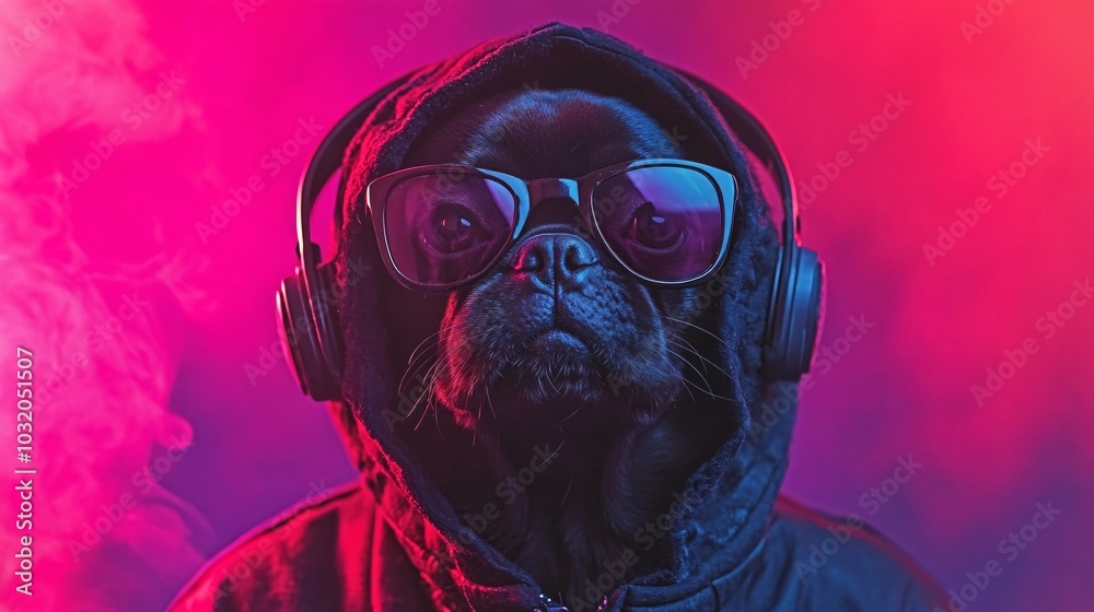 Poster puppy dressed in a hoodie with headphones around its neck posing in a hip hop style on a colorful ba