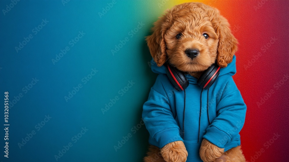 Poster puppy dressed in a hoodie with headphones around its neck posing in a hip hop style on a colorful ba