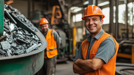 Workers operating machinery in a recycling facility, focusing on metal recovery and processing during daylight hours