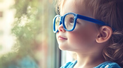 Young child wearing blue glasses focusing on distant tree outside window, symbolizing myopia prevention and importance of outdoor activities.
