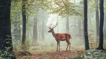 Graceful Deer Standing in Misty Forest Scene