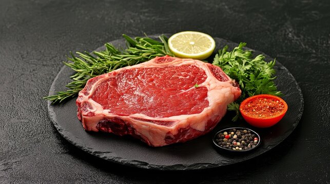 Raw Beef Rib Eye Steak with Spices, Rosemary, Parsley Fresh Herbs and Lemon Wedge Prepare to Grill - Powered by Adobe