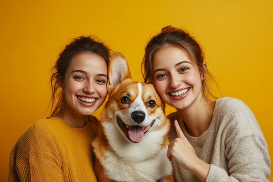 Happy young couple holding cute corgi dog and smiling at camera over yellow studio background, woman pointing with finger at their pet, Generative AI