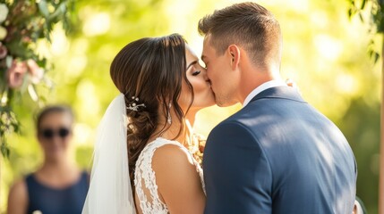Fototapeta premium Tender moment of groom kissing bride at wedding ceremony, celebrating love.