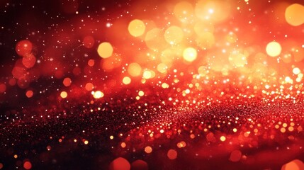 Abstract red background with shimmering gold particles. Sparkling red backdrop.