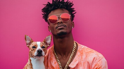 Adorable duo with human and dog in matching hip hop gear gold chains and oversized shades standing coolly on a playful background Stock Photo with side copy space