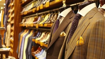Obraz premium Tailored Suits and Shirts Displayed on Mannequins in a Clothing Store