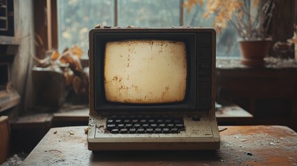 A vintage CRT computer sits on a dusty table in a forgotten room, its screen displaying a blank, static image.
