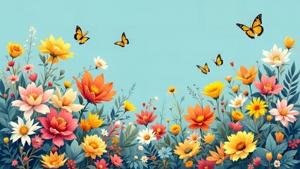 Butterflies and Blooms in a Vibrant Floral Design with Bright Colors on a mint green Background