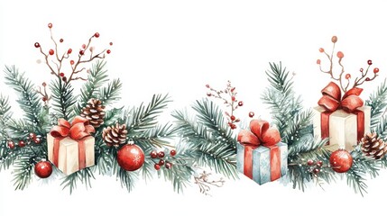Naklejka premium Christmas gifts with red ribbons surrounded by fir branches, ornaments, and berries in a festive holiday decoration with gold stars and pinecones