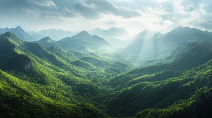 Verdant mountains panorama. Invites exploration of serene landscapes. Majestic nature view.