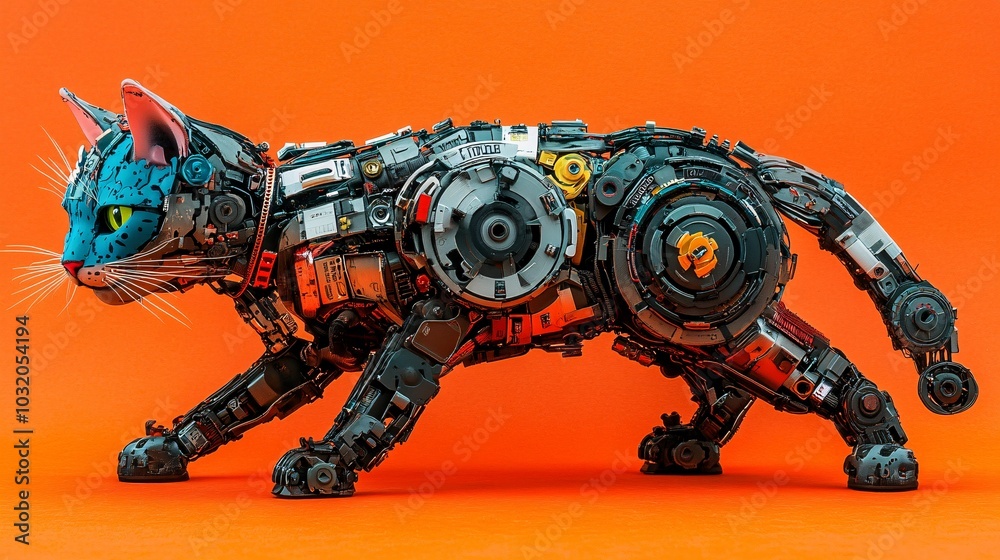 Poster cute robotic cat with sleek silver body and expressive digital face posing on a vibrant background s