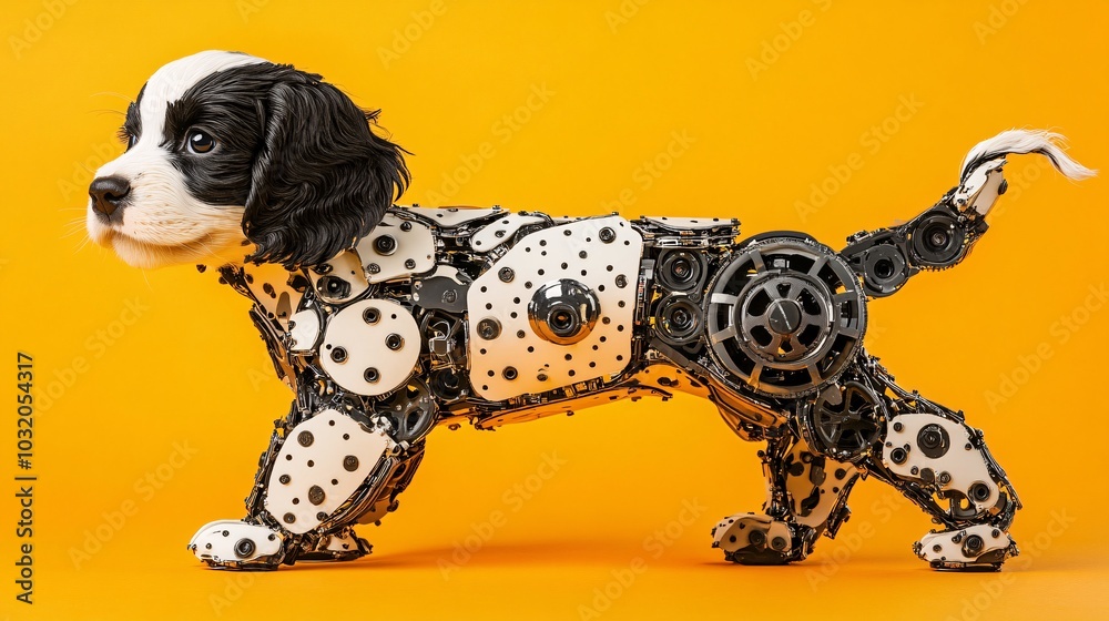 Poster Robot puppy with mechanical limbs and wagging tail standing proudly on a fun bright backdrop Stock Photo with side copy space